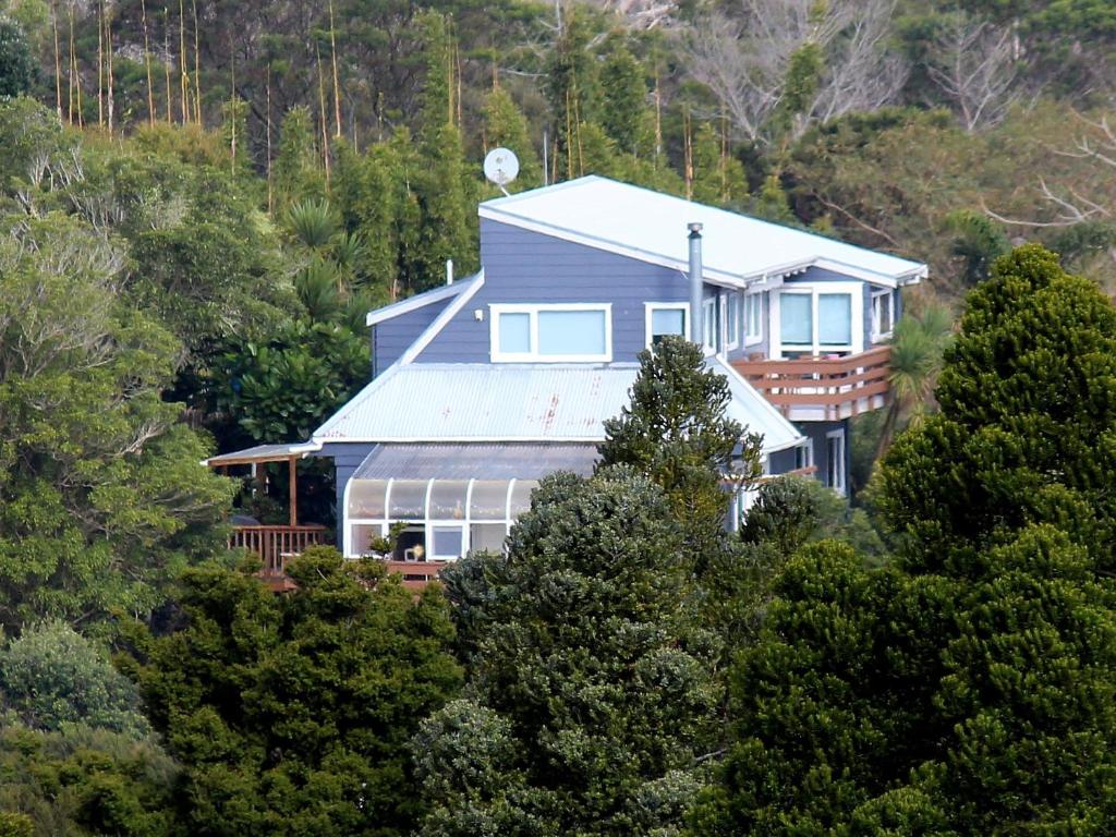 une maison au sommet d'une colline avec des arbres dans l'établissement Fernglen B&B, à Auckland