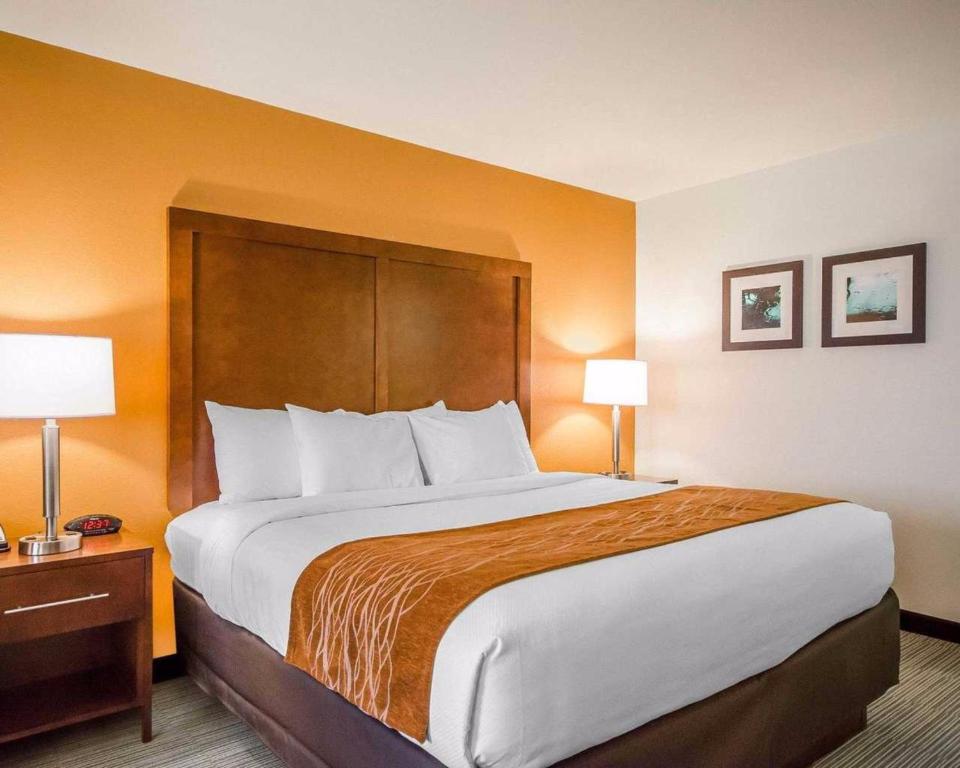 uma cama grande num quarto de hotel com duas lâmpadas em Comfort Inn em Ferdinand