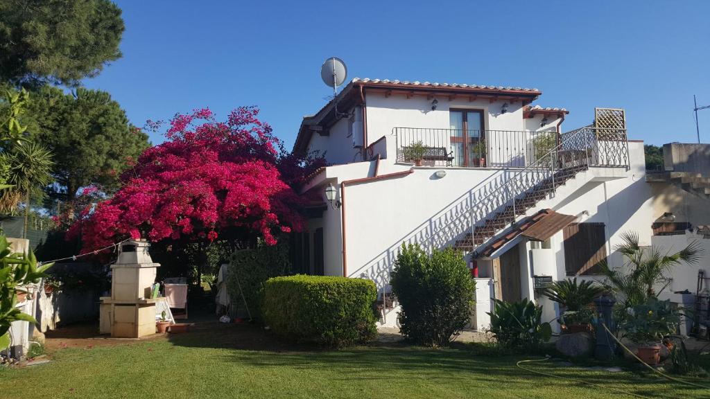 una casa blanca con una escalera en un patio en Casa Vacanze " IS MERIS " en Capitana