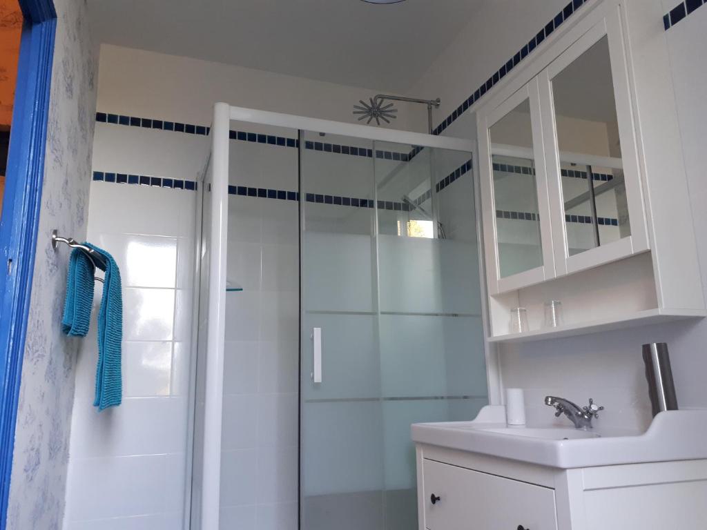 a white bathroom with a shower and a sink at Villa SAINT-PRIVAT in Pouzilhac