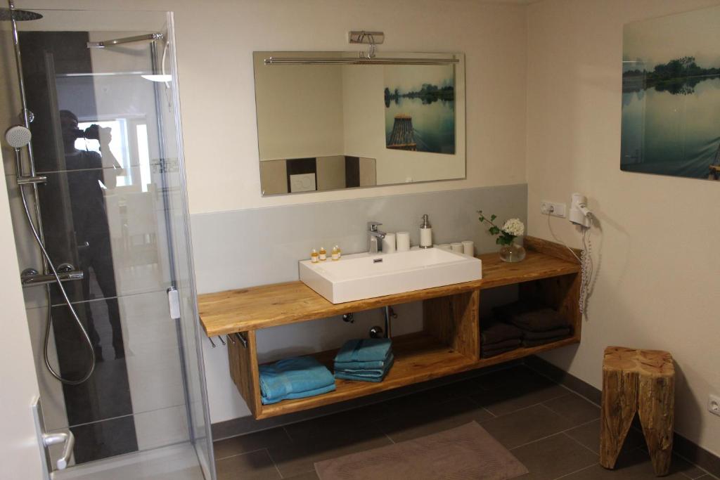 een badkamer met een wastafel en een douche bij Pension Stauber in Hohenburg