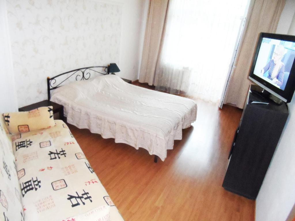 - une petite chambre avec un lit et une télévision dans l'établissement Apartment on Skorykovskyi Lane 4, à Dnipro