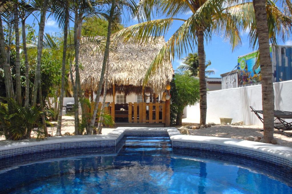 a swimming pool in front of a house with palm trees at BnBBonaire near the ocean in Kralendijk