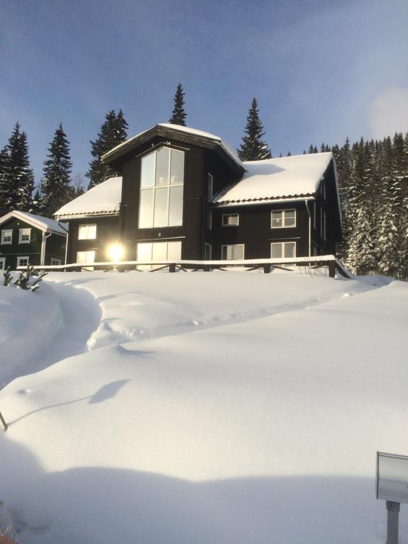 Villa Edvinsväg 8 في آرا: منزل في الثلج مع ساحة مغطاة بالثلوج