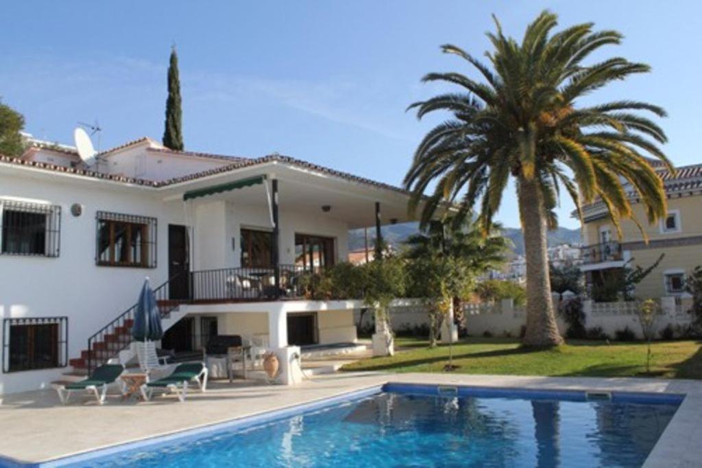 a house with a swimming pool and a palm tree at Villa Maria de Waard in Nerja
