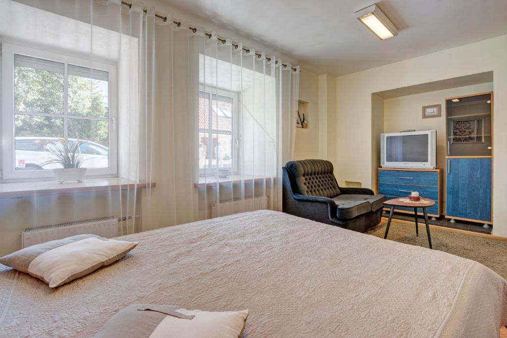 a bedroom with a bed and a chair and a television at Vidos Apartamentai in Vilnius