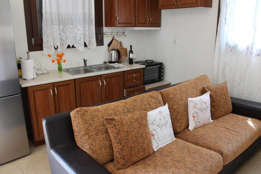 een woonkamer met een bank in een keuken bij Apartments Spiros Pelion in Kalamaki