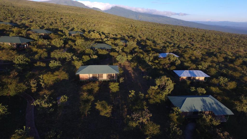 ンゴロンゴロにあるNgorongoro Wild Campの山の上の家屋群の空中風景