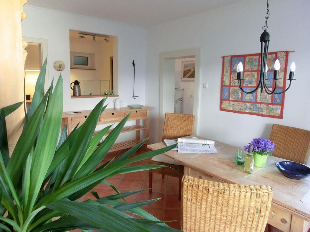 a kitchen with a wooden table and a potted plant at Ferienwohnung Arenz in Schweinfurt