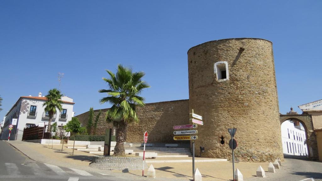 a tall brick building with a palm tree next to a street at Hotel La Muralla in Zafra