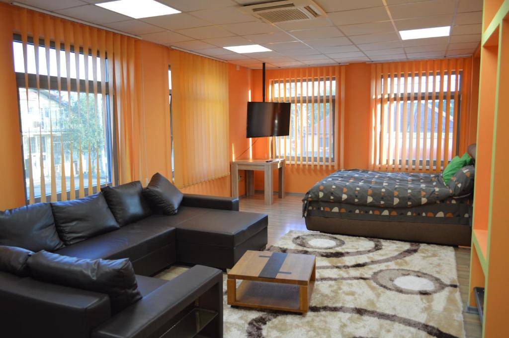 ein Wohnzimmer mit einem Sofa und einem Tisch in der Unterkunft Dakar Experience in Satu Mare