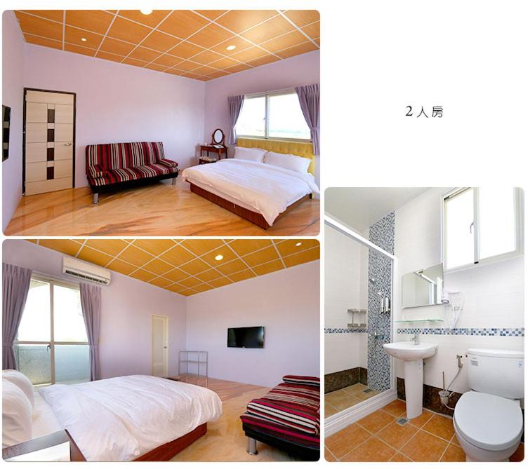 twee foto's van een kamer met een bed en een badkamer bij 7街160民宿 in Jian