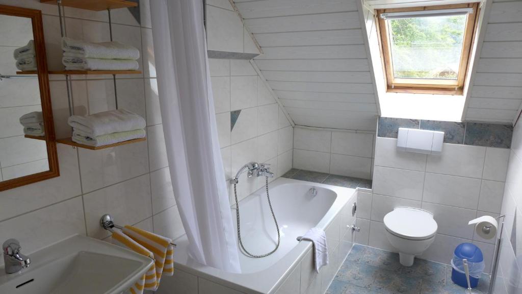 a bathroom with a shower and a tub and a toilet at Hummelshof in Pottenstein