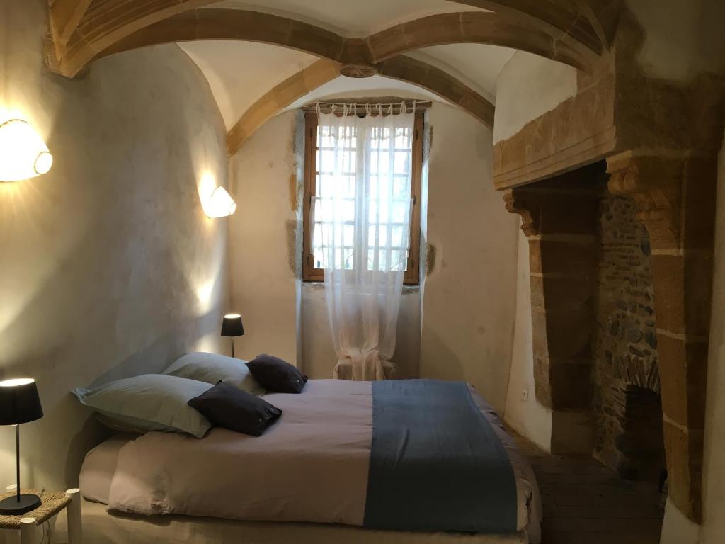 ein Schlafzimmer mit einem Bett in einem Zimmer mit einem Kamin in der Unterkunft Manoir au sein du village in Saint-Haon-le-Châtel