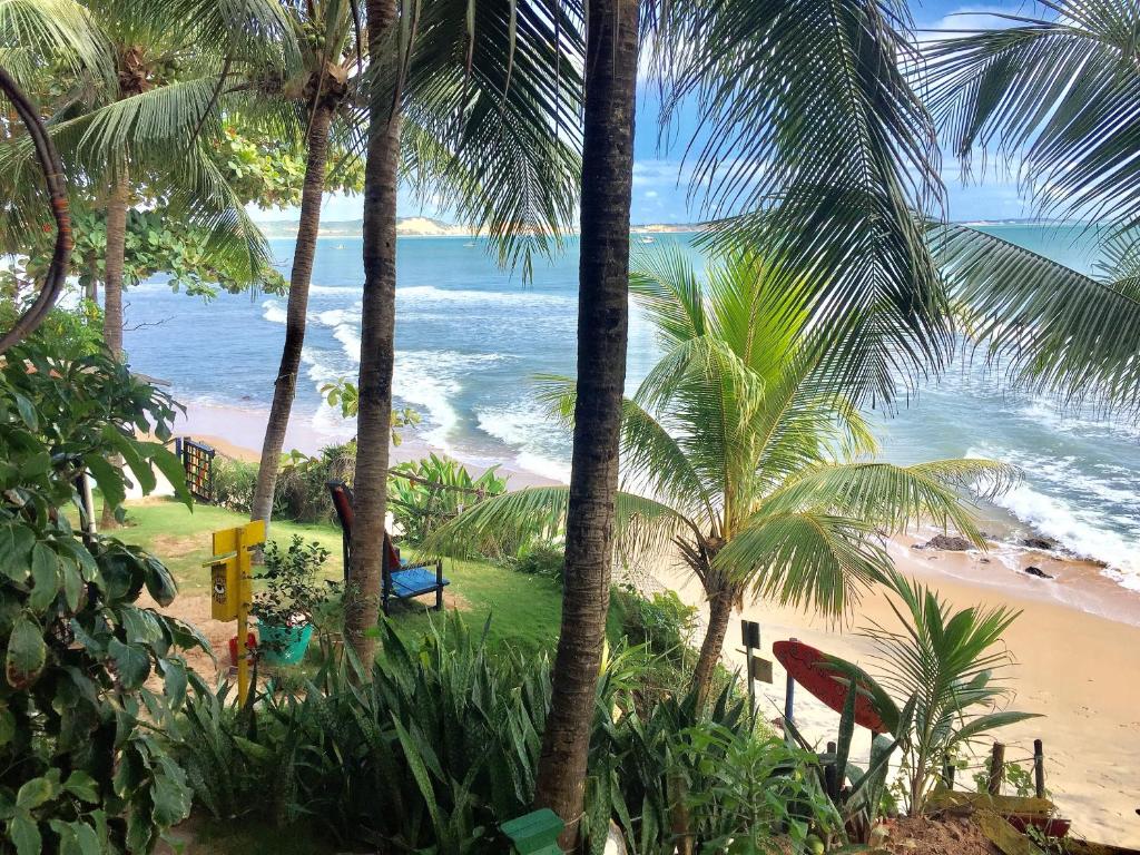 Blick auf einen Strand mit Palmen und das Meer in der Unterkunft Hostel Casa de Jack in Pipa