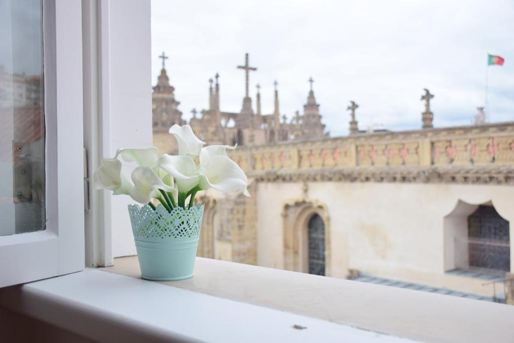 a vase filled with flowers on top of a window sill at Living Santa Cruz in Coimbra