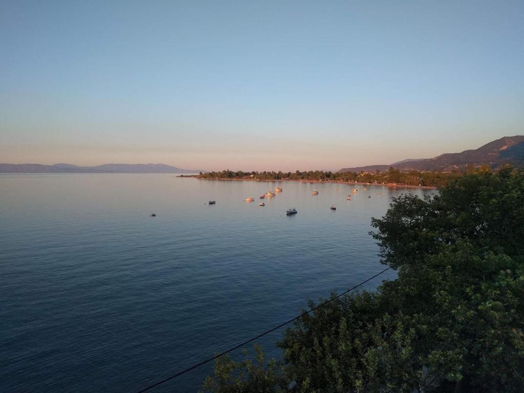 a view of a lake with boats in the water at Dimitropoulos Apartments in Eleonas