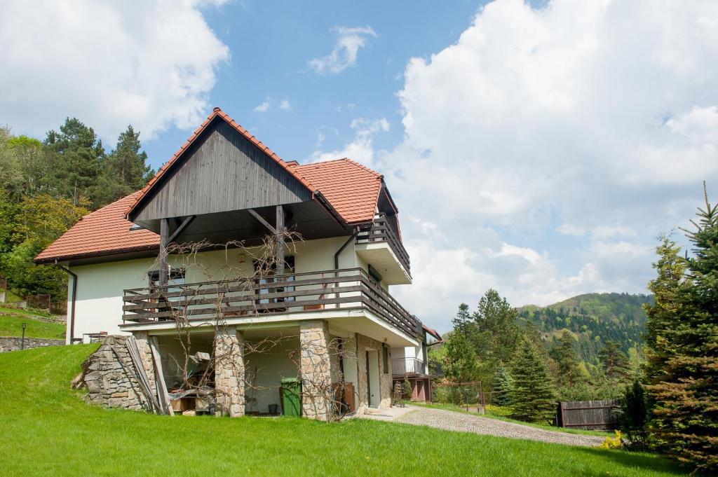 a house on top of a grassy hill at Klimkówka 96 - Dom w górach nad jeziorem in Klimkówka