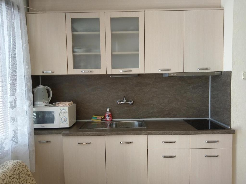 ツァレヴォにあるVanya Apartmentの白いキャビネット、シンク、電子レンジ付きのキッチンが備わります。
