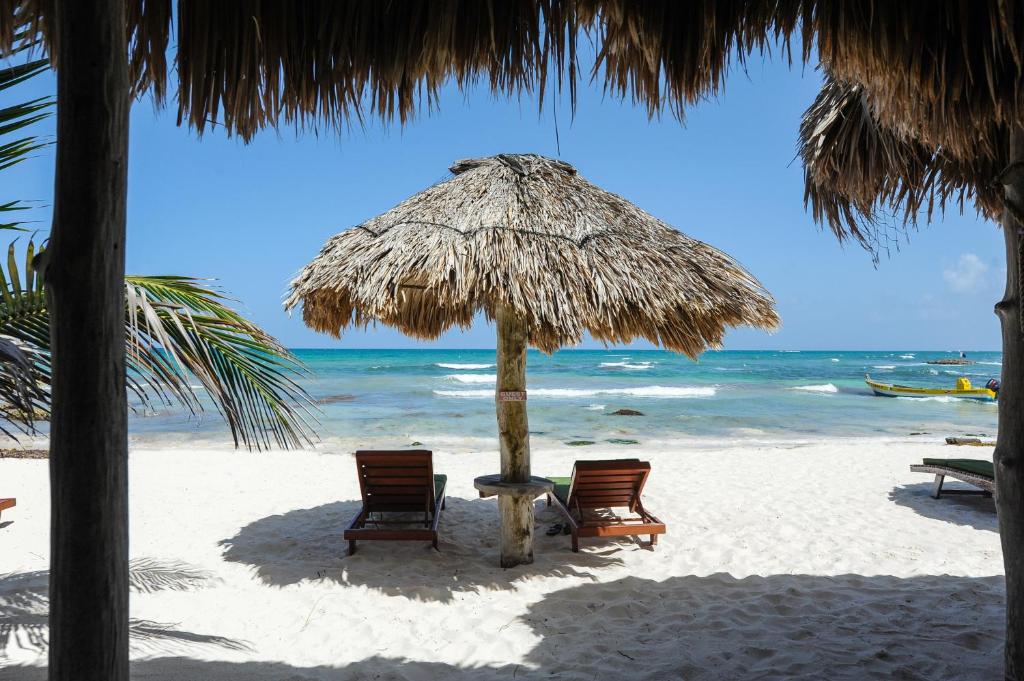 a sandy beach with palm trees and umbrellas at Zamas Hotel in Tulum