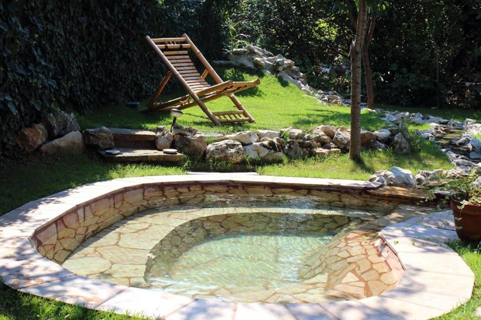 a swimming pool in a yard with a chair at Laguna Green Guest House in Niš