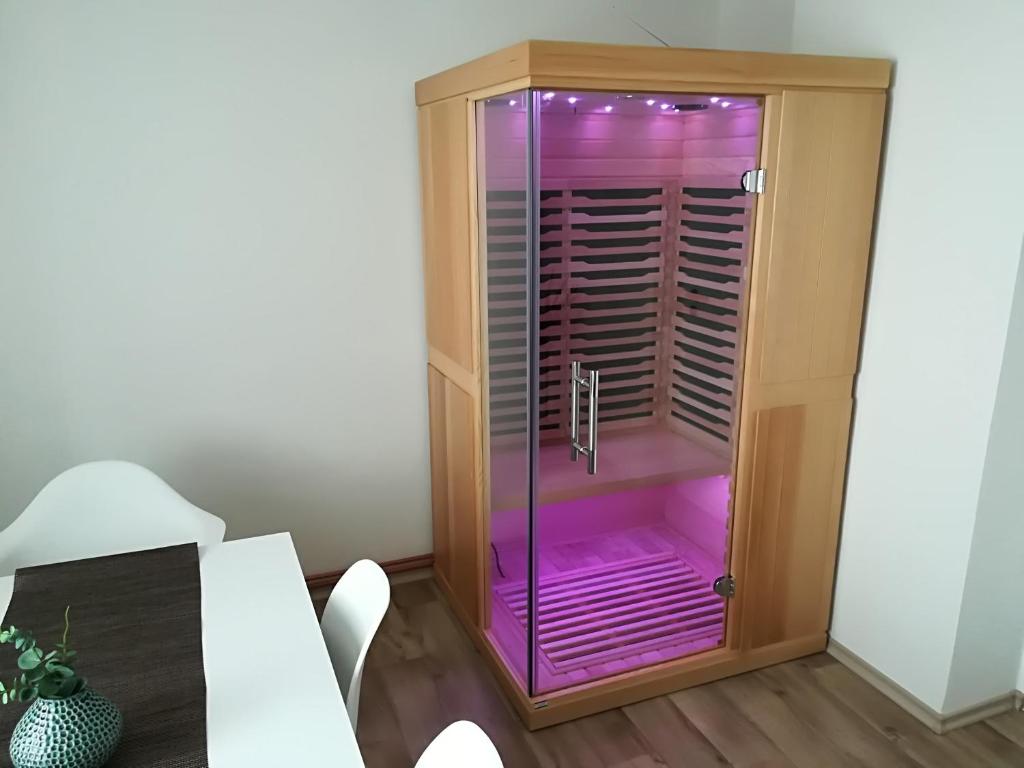 una ducha de cristal con luces moradas en una habitación en Apartmán Relax Nová Pec Lipno en Nová Pec