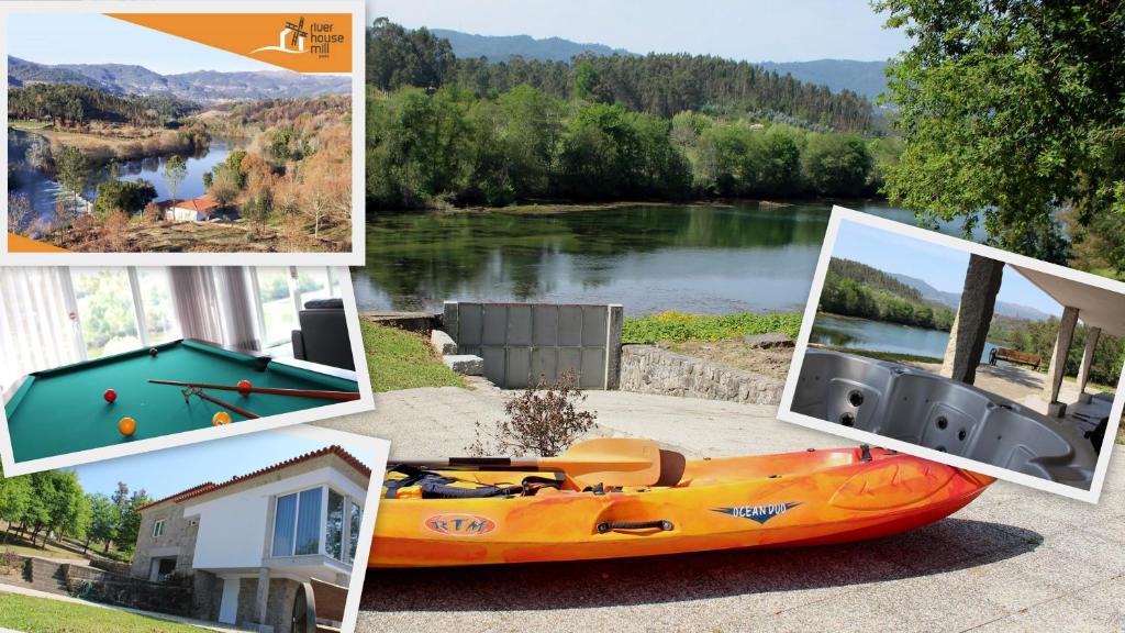 un collage de fotos de un barco y una casa en Turismo Homes River House Mill Gerês, en Póvoa de Lanhoso