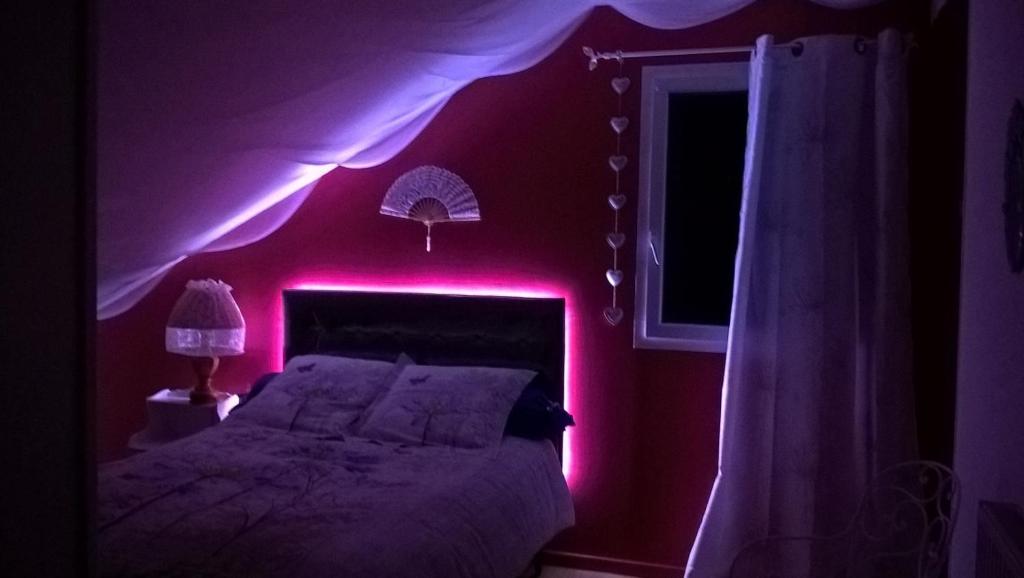 um quarto com uma cama com uma iluminação rosa em Les Nids de Mesanges em Selonnet