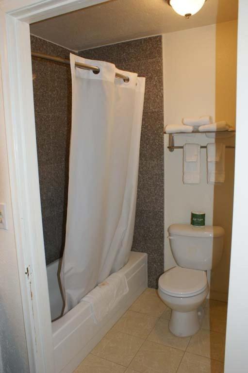 a bathroom with a toilet and a shower curtain at HWY Express Inn and Suites in Thatcher