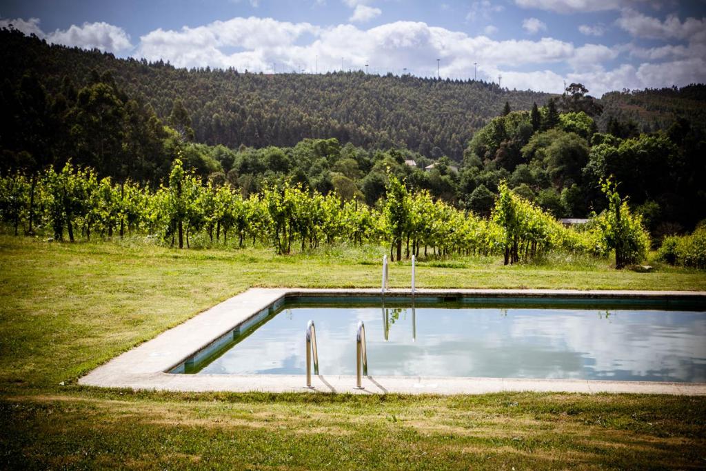 a swimming pool in the middle of a field with trees at Quinta de Lourosa in Lousada