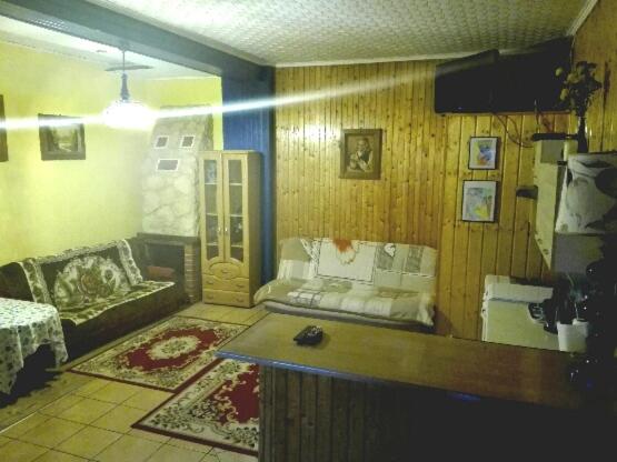 ミウクフにあるApartamenty w Karkonoszachのリビングルーム(ソファ、テーブル付)