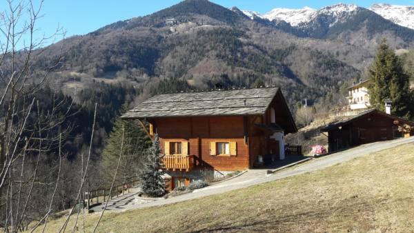 a wooden house on a hill with mountains in the background at Chalet Il Fungo in Averara