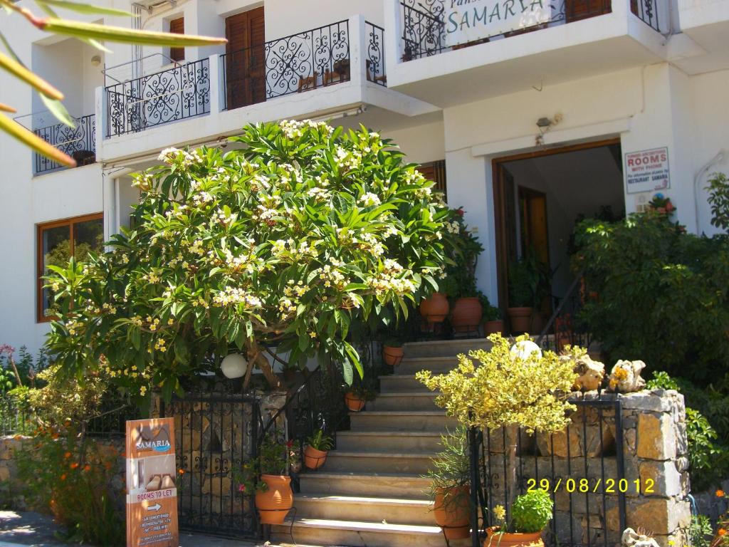a building with a staircase with trees in front of it at Samaria in Agia Roumeli
