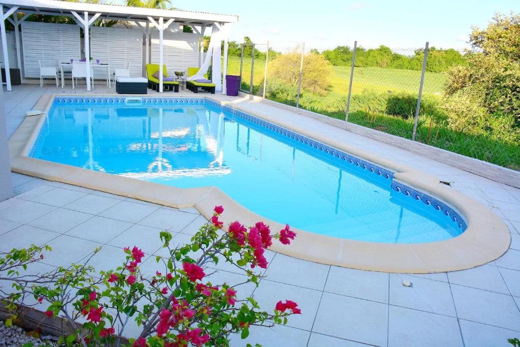 einen Pool im Garten mit rosa Blumen in der Unterkunft Villa Améthyste avec grande piscine privée, jardin clos, parking privé in Le Robert