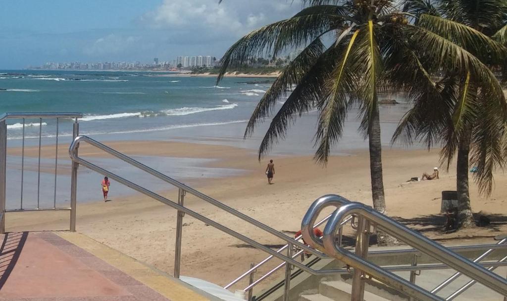 a beach with a palm tree and people on the beach at Hostel Itapua in Salvador