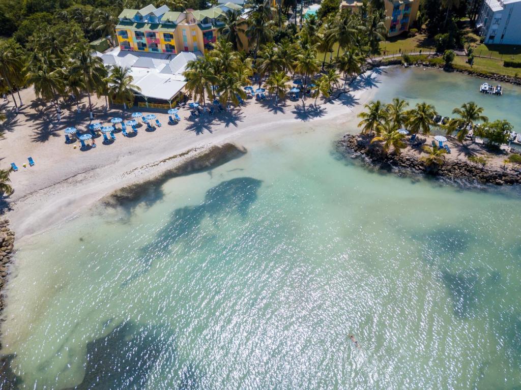 an overhead view of a beach with palm trees and the ocean at Canella Beach Hotel in Le Gosier