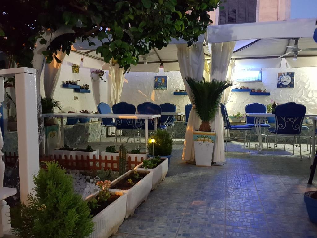 uma tenda branca com cadeiras azuis e plantas em B&B Gi & Giò em Càbras