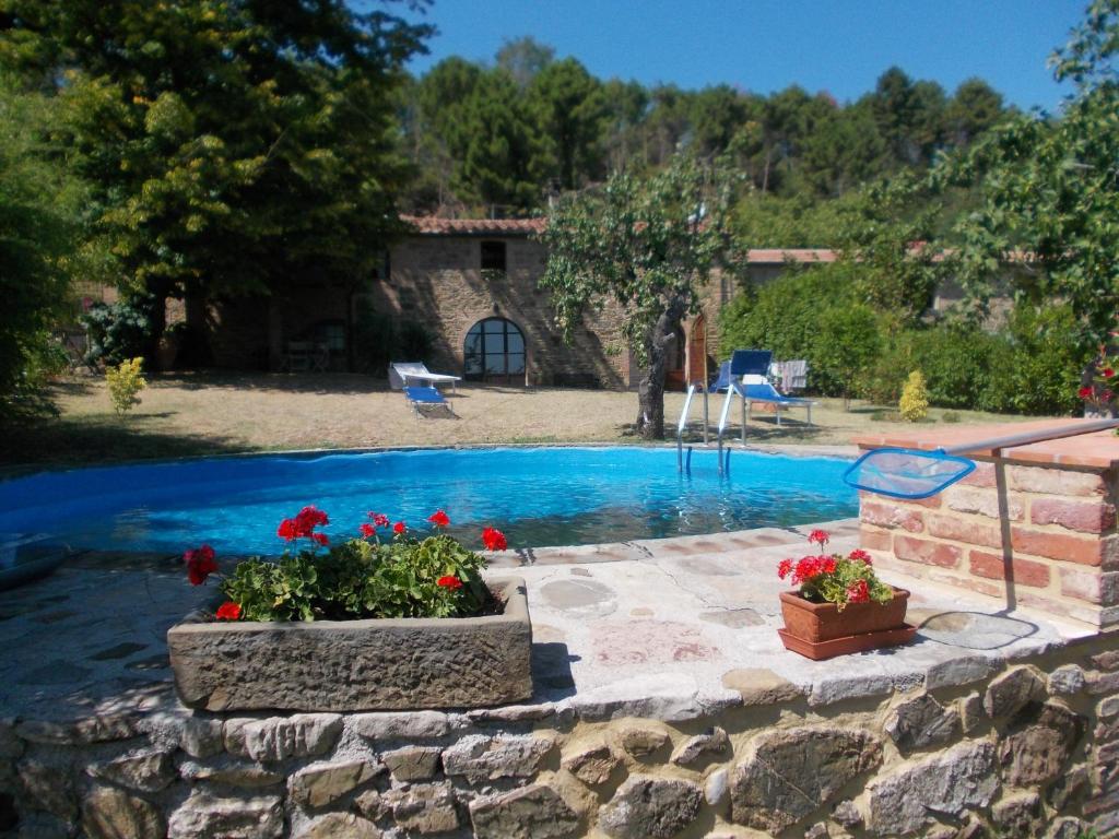 basen z czerwonymi kwiatami w kamiennej ścianie w obiekcie Casa Julia con giardino e piscina privati w mieście Chianni
