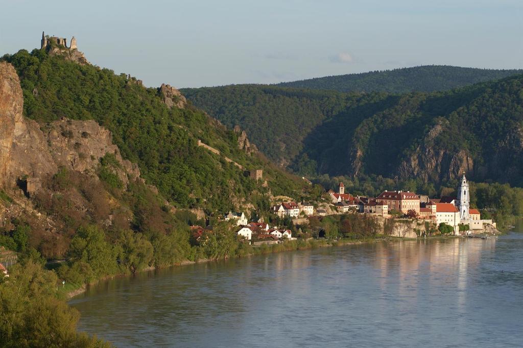 a town on a hill next to a river at Hotel Schloss Dürnstein in Dürnstein