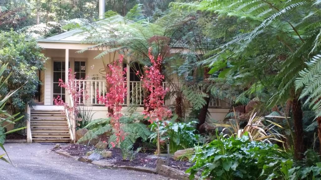 ein Haus mit roten Blumen davor in der Unterkunft Myers Creek Cascades Luxury Cottages in Healesville