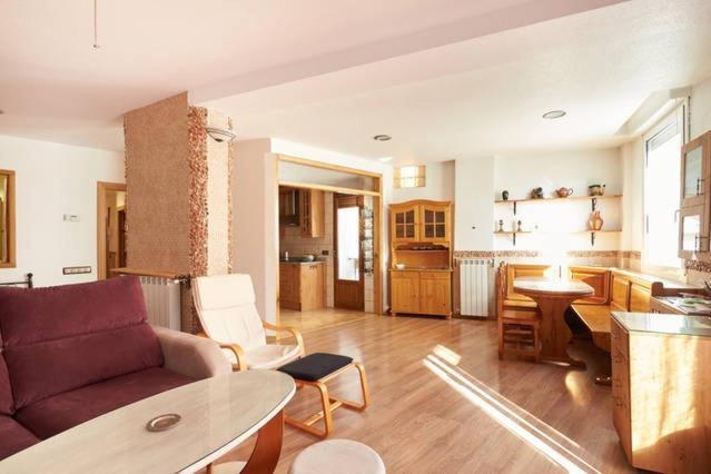 Trampantojo Apartamento en el Corazon de Pamplona في بامبلونا: غرفة معيشة مع أريكة ومطبخ