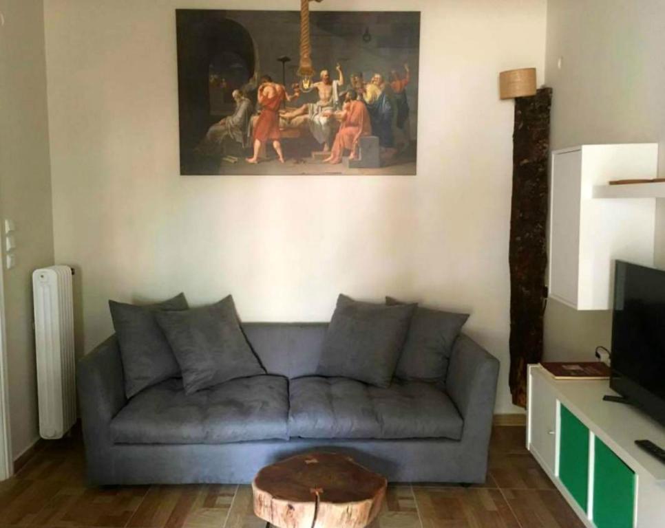 アテネにあるBiophylic - 3bdr apartmentのリビングルーム(灰色のソファ、絵画付)