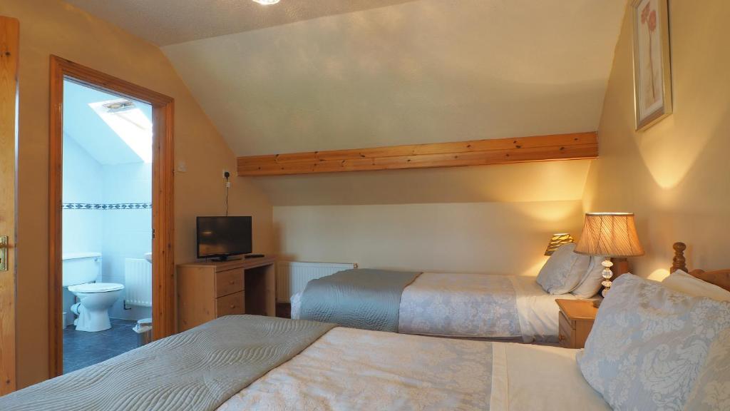 a hotel room with two beds and a television at Stonehaven B&B in Ennis