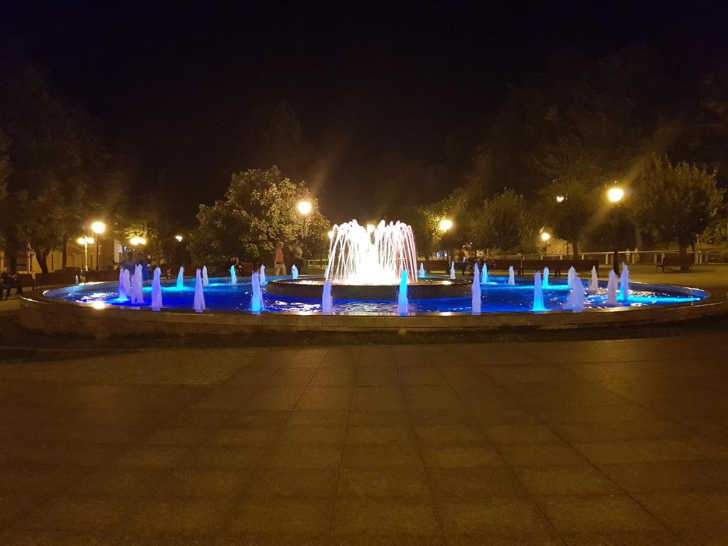 a fountain with blue lights in a park at night at Willa polne wzgórza in Krynica Zdrój