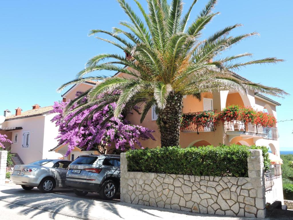 a car parked in front of a building with a palm tree at Neda Apartmani in Mali Lošinj