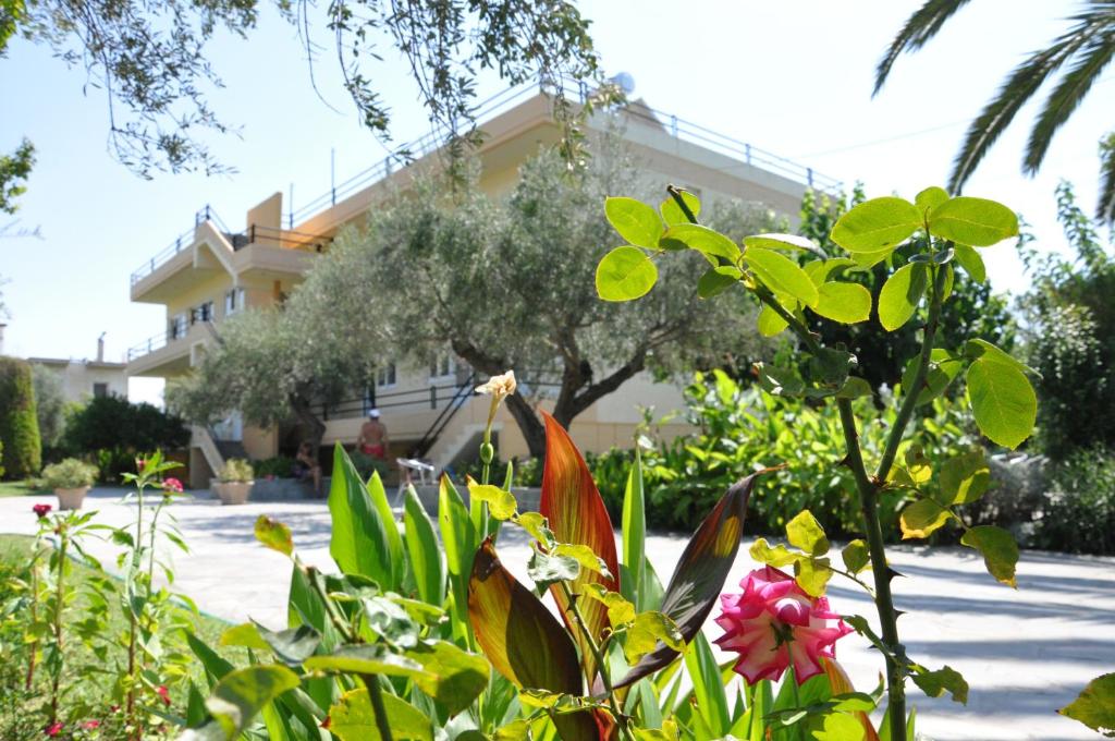 un giardino fiorito di fronte a un edificio di Villa Annilena a Eratini