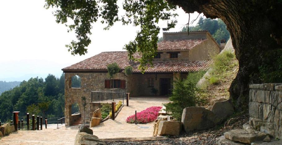 uma casa de pedra com um quintal com flores cor-de-rosa em Turisme Rural Mas Isoles -ZONAS NO COMPARTIDAS- em Ripoll