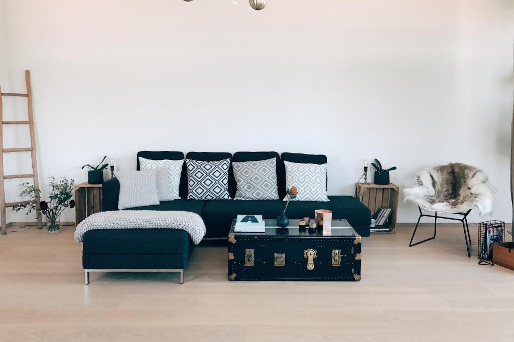 ein Wohnzimmer mit einer blauen Couch mit Kissen in der Unterkunft AVLiving City LOFT Basel in Basel