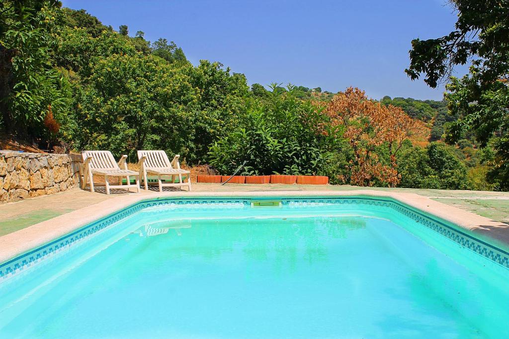 una gran piscina con 2 sillas y árboles en Casa Rural Molino de la Máquina en Cartajima