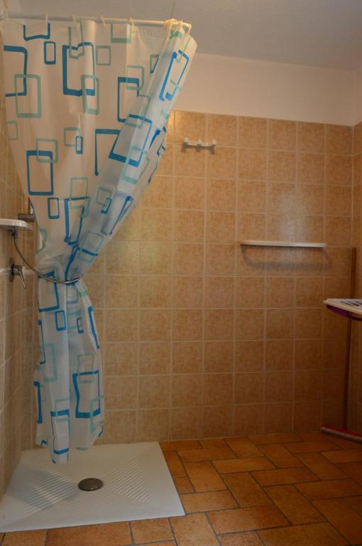 W łazience znajduje się prysznic z zasłoną prysznicową. w obiekcie Agriturismo E Turre w mieście Serrastretta